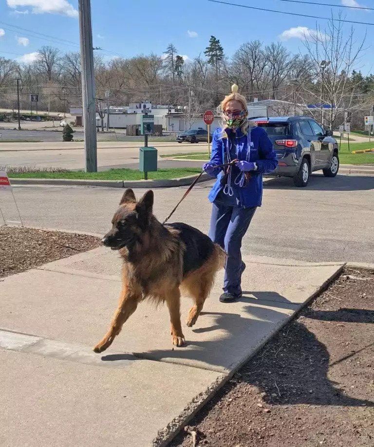 Woman walking dog outside