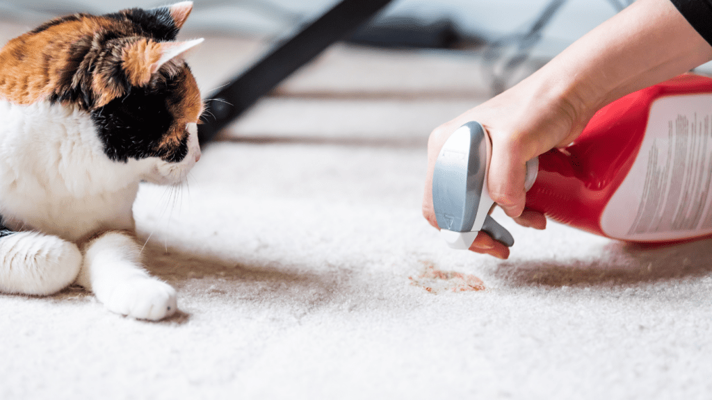 owner cleaning carpet as cat watching after hairball